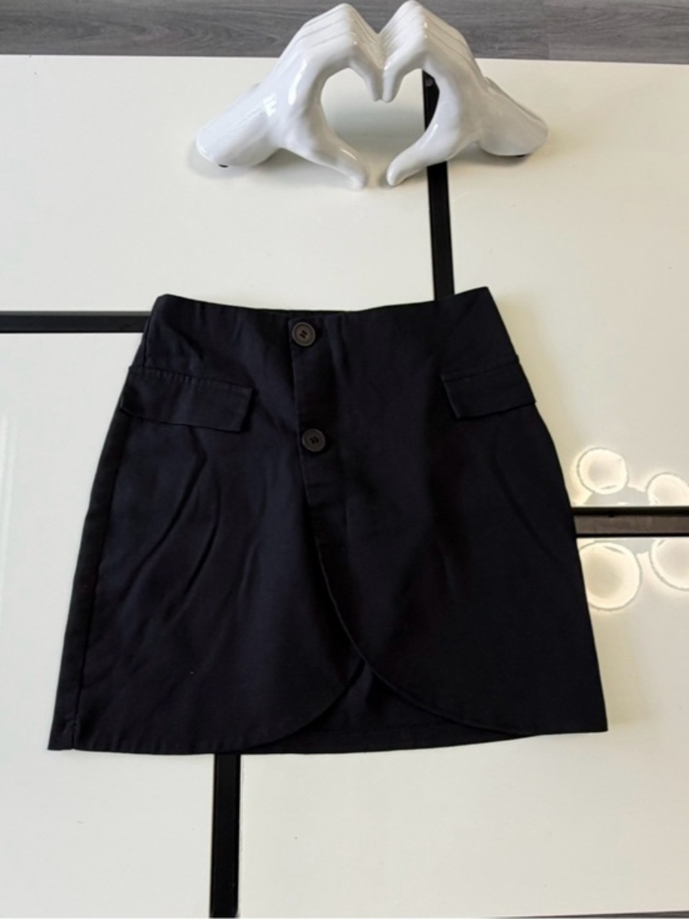 PrettyLittleThing Black Mock-Wrap Mini Skirt with Buttons - Size US 2 / UK 6